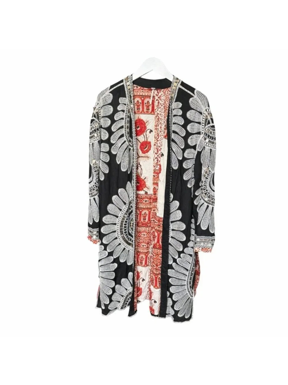 Free People Black Embroidered‎ Open Front Kimono Jacket collab with KAS XS/S